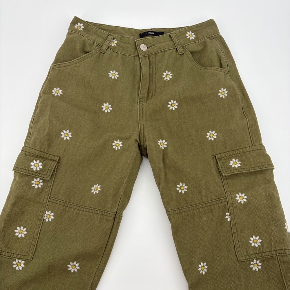 Denim Cargo Pants Womens Small Olive Green Daisy Embroidered Cottagecore Y2K